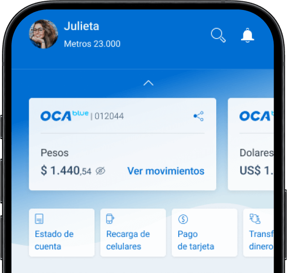 Imagen de un celular mostrando la interfaz de usuario en la aplicación móvil de OCA.